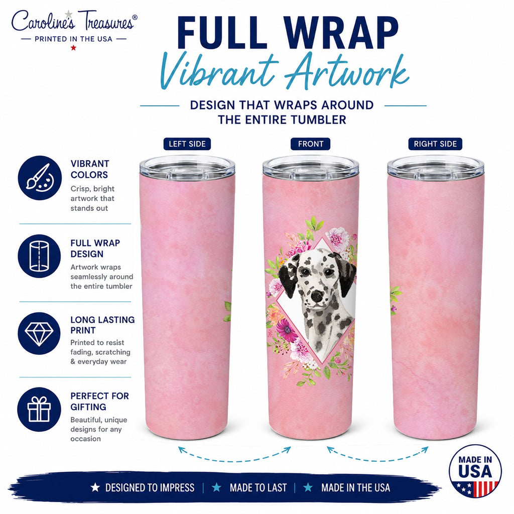 Dalmatian Pink Flowers Stainless Steel Skinny Tumbler 20 oz Vacuum Double Walled Reusable Insulated Travel Cup