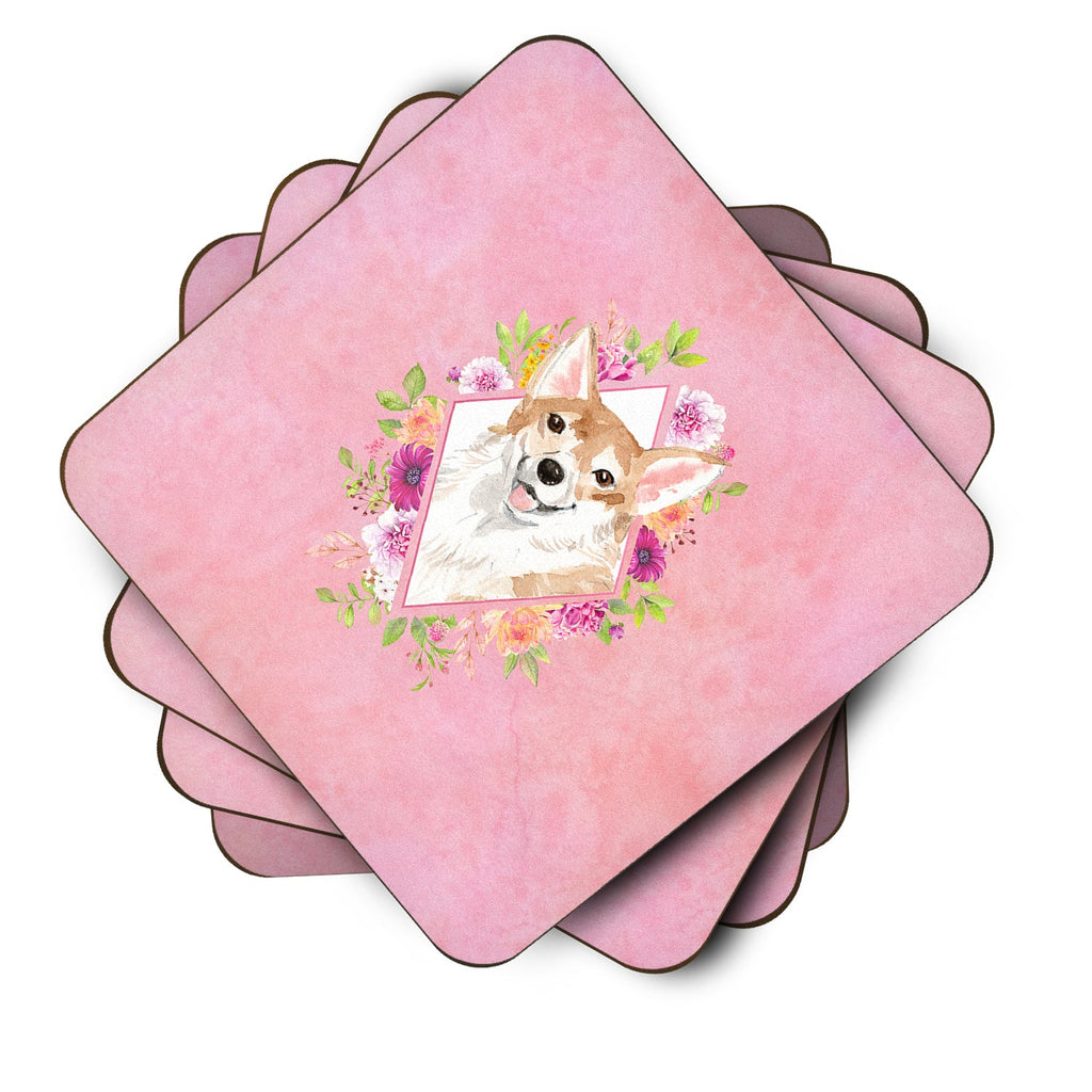 Corgi Pink Flowers Foam Coasters Set of 4 Cup Coasters for Indoor Outdoor, Tabletop Protection, Anti Slip, Mouse pad Material