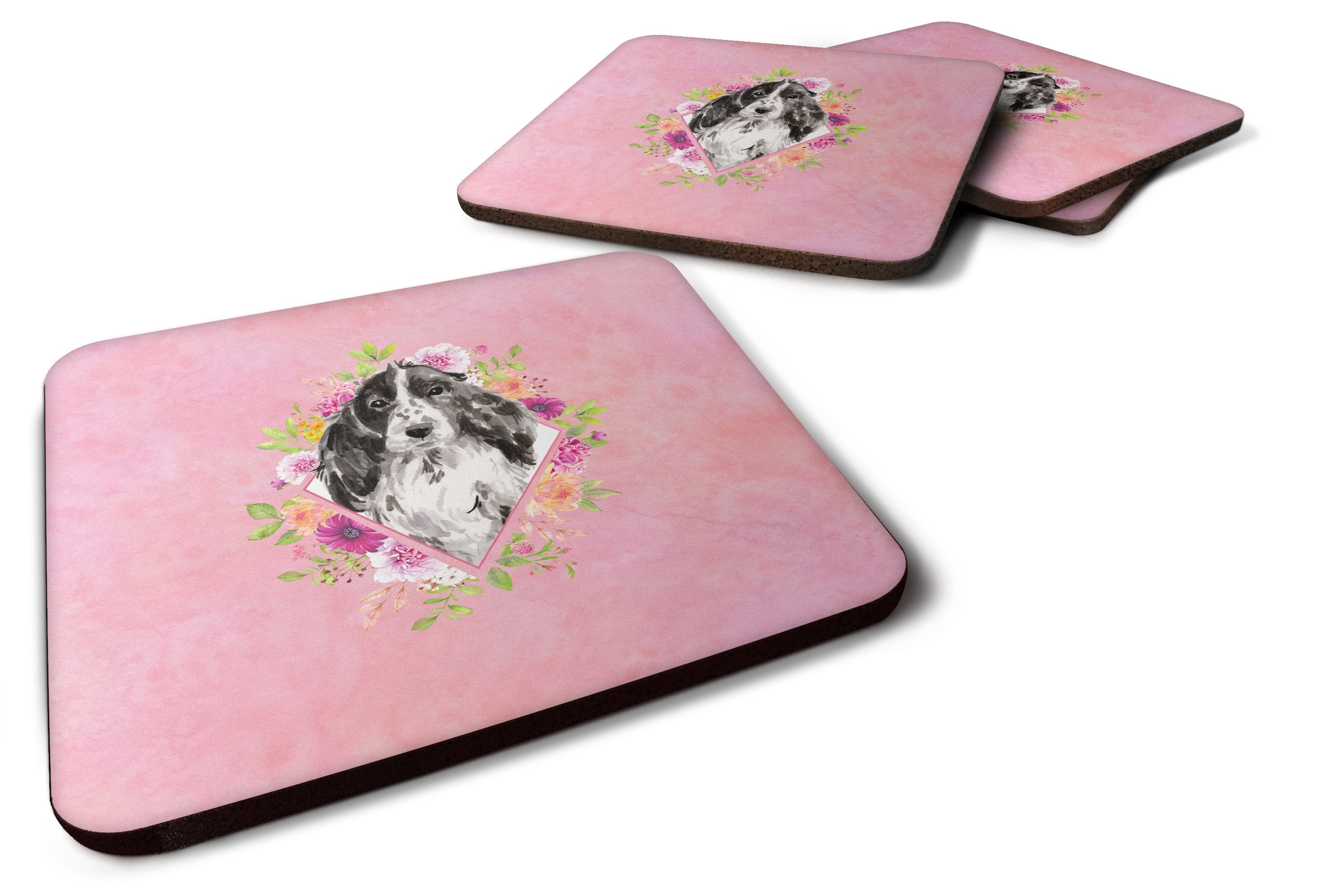 Black Parti Cocker Spaniel Pink Flowers Foam Coasters Set of 4 Cup Coasters for Indoor Outdoor, Tabletop Protection, Anti Slip, Mouse pad Material