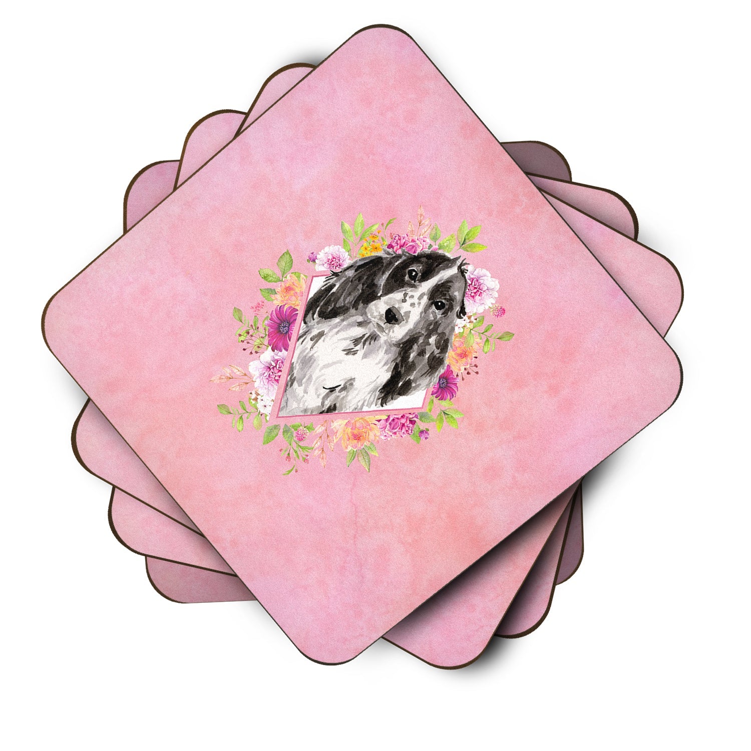 Black Parti Cocker Spaniel Pink Flowers Foam Coasters Set of 4 Cup Coasters for Indoor Outdoor, Tabletop Protection, Anti Slip, Mouse pad Material