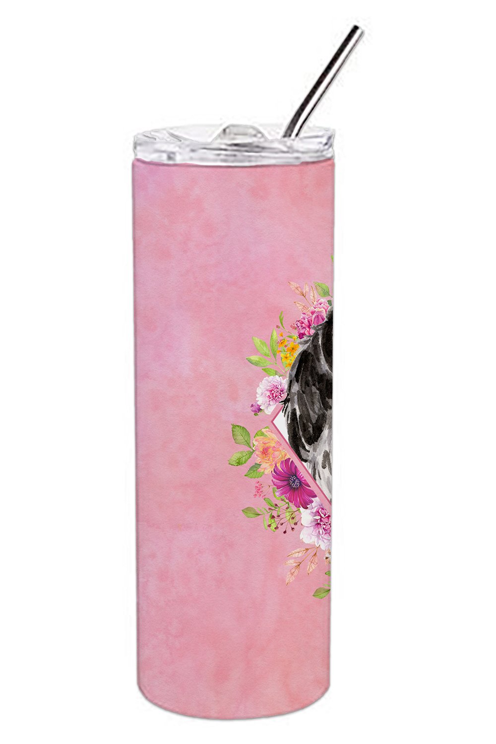 Black Parti Cocker Spaniel Pink Flowers Stainless Steel Skinny Tumbler 20 oz Vacuum Double Walled Reusable Insulated Travel Cup