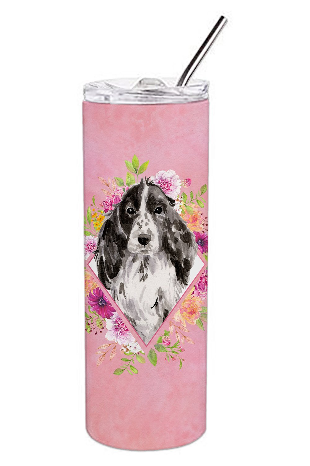 Black Parti Cocker Spaniel Pink Flowers Stainless Steel Skinny Tumbler 20 oz Vacuum Double Walled Reusable Insulated Travel Cup