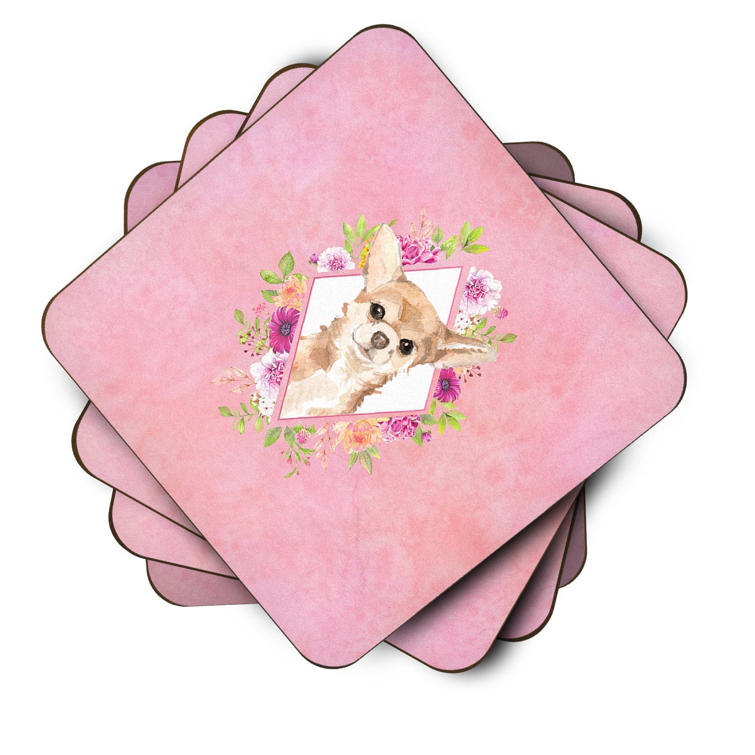 Chihuahua Pink Flowers Foam Coasters Set of 4 Cup Coasters for Indoor Outdoor, Tabletop Protection, Anti Slip, Mouse pad Material