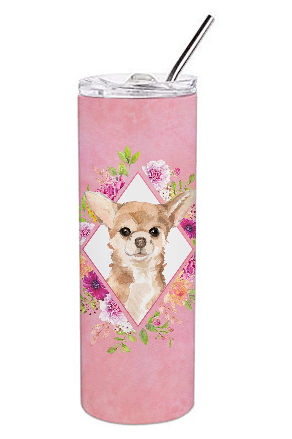 Chihuahua Pink Flowers Stainless Steel Skinny Tumbler 20 oz Vacuum Double Walled Reusable Insulated Travel Cup