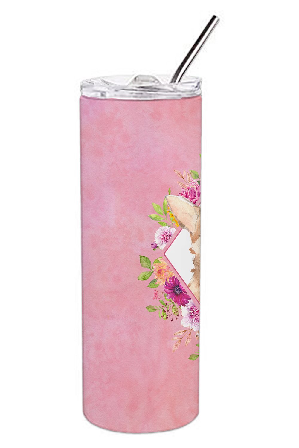 Chihuahua Pink Flowers Stainless Steel Skinny Tumbler 20 oz Vacuum Double Walled Reusable Insulated Travel Cup