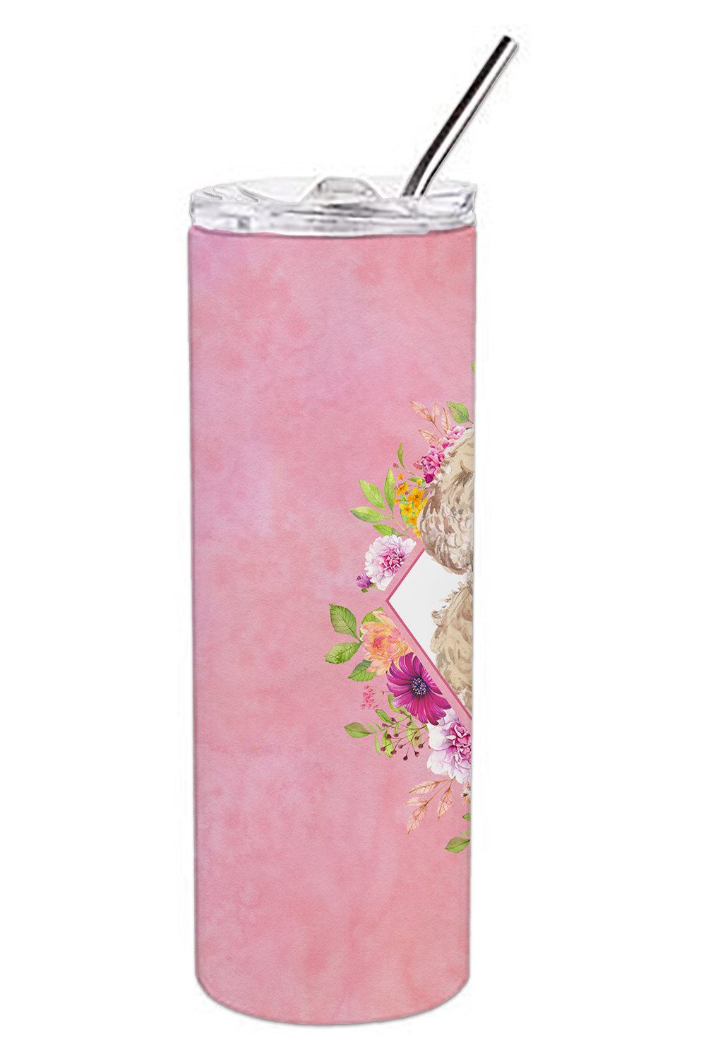Champagne Cockapoo Pink Flowers Stainless Steel Skinny Tumbler 20 oz Vacuum Double Walled Reusable Insulated Travel Cup