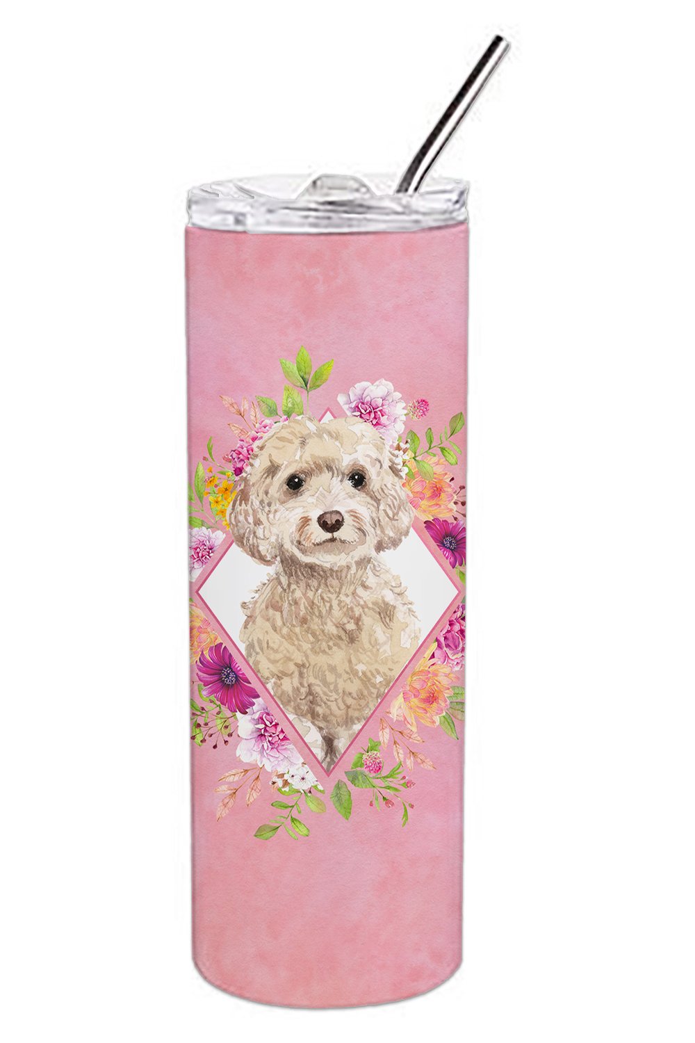 Champagne Cockapoo Pink Flowers Stainless Steel Skinny Tumbler 20 oz Vacuum Double Walled Reusable Insulated Travel Cup