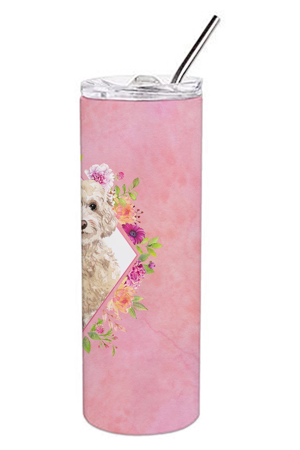 Champagne Cockapoo Pink Flowers Stainless Steel Skinny Tumbler 20 oz Vacuum Double Walled Reusable Insulated Travel Cup