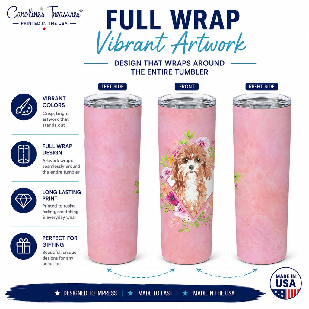 Cavapoo Pink Flowers Stainless Steel Skinny Tumbler 20 oz Vacuum Double Walled Reusable Insulated Travel Cup
