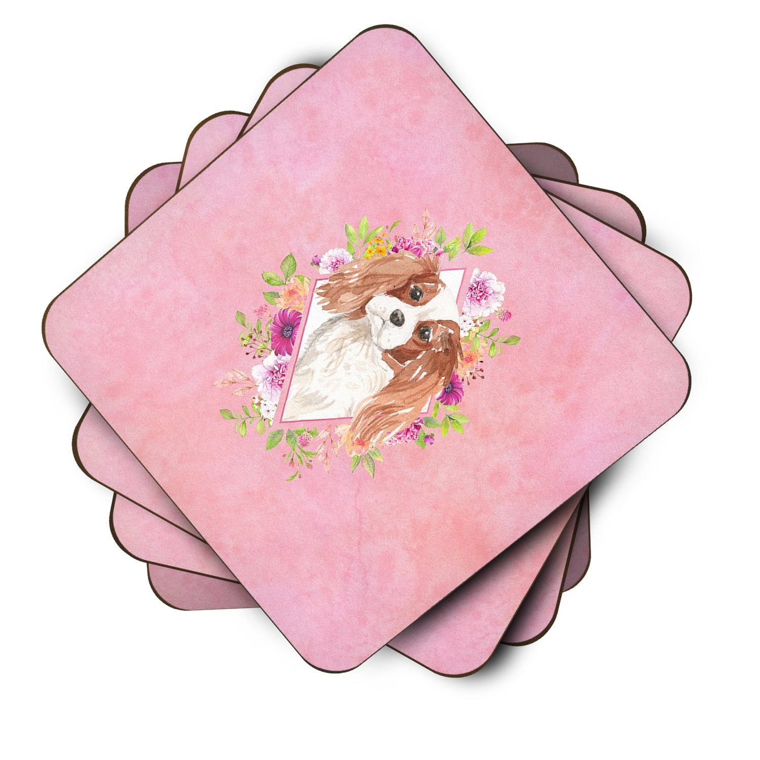Blenheim Cavalier Spaniel Pink Flowers Foam Coasters Set of 4 Cup Coasters for Indoor Outdoor, Tabletop Protection, Anti Slip, Mouse pad Material