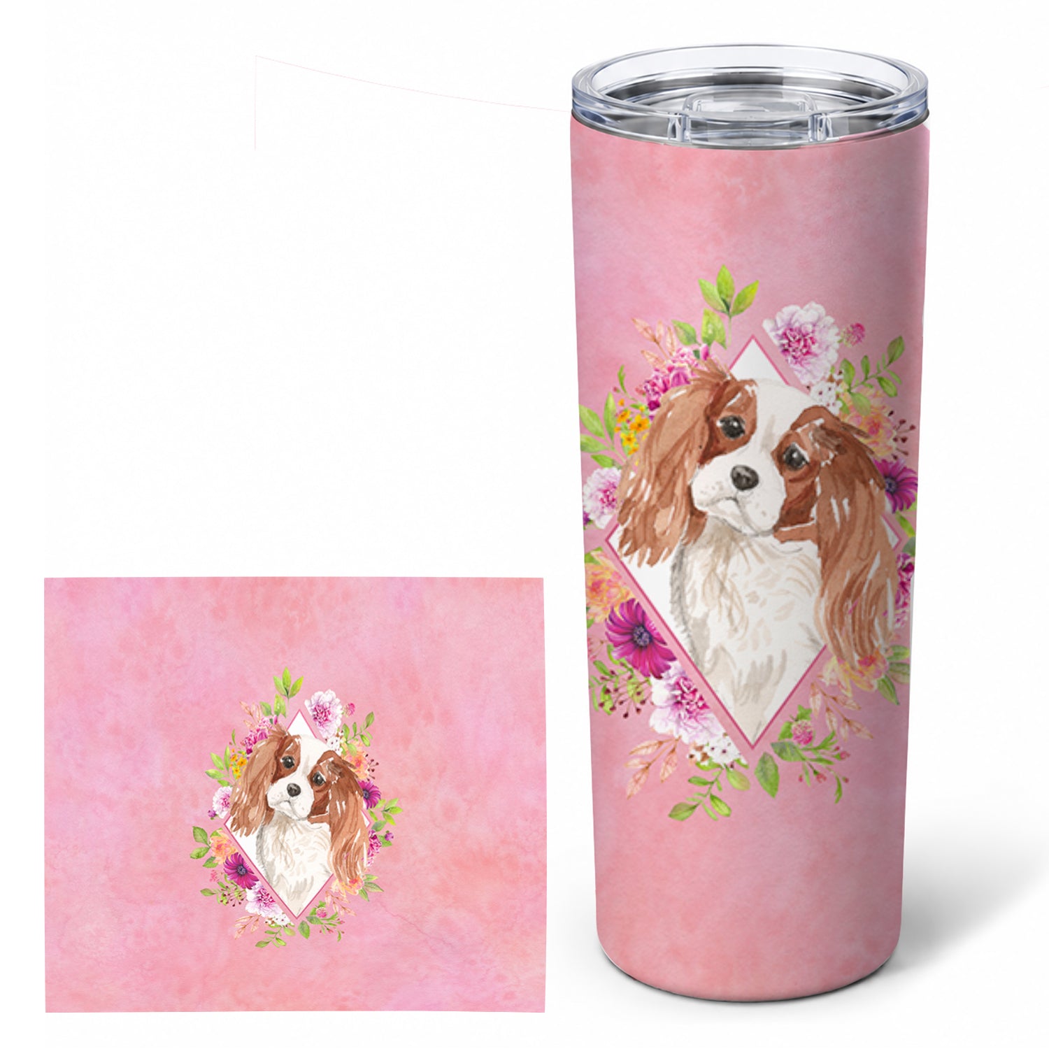 Blenheim Cavalier Spaniel Pink Flowers Stainless Steel Skinny Tumbler 20 oz Vacuum Double Walled Reusable Insulated Travel Cup