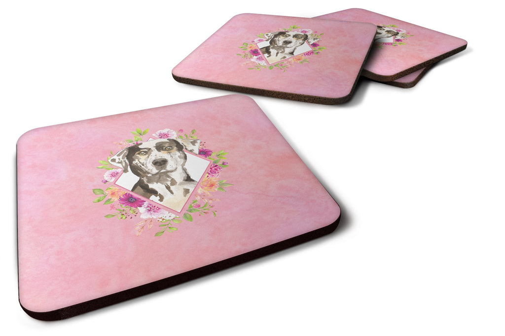 Catahoula Leopard Dog Pink Flowers Foam Coasters Set of 4 Cup Coasters for Indoor Outdoor, Tabletop Protection, Anti Slip, Mouse pad Material