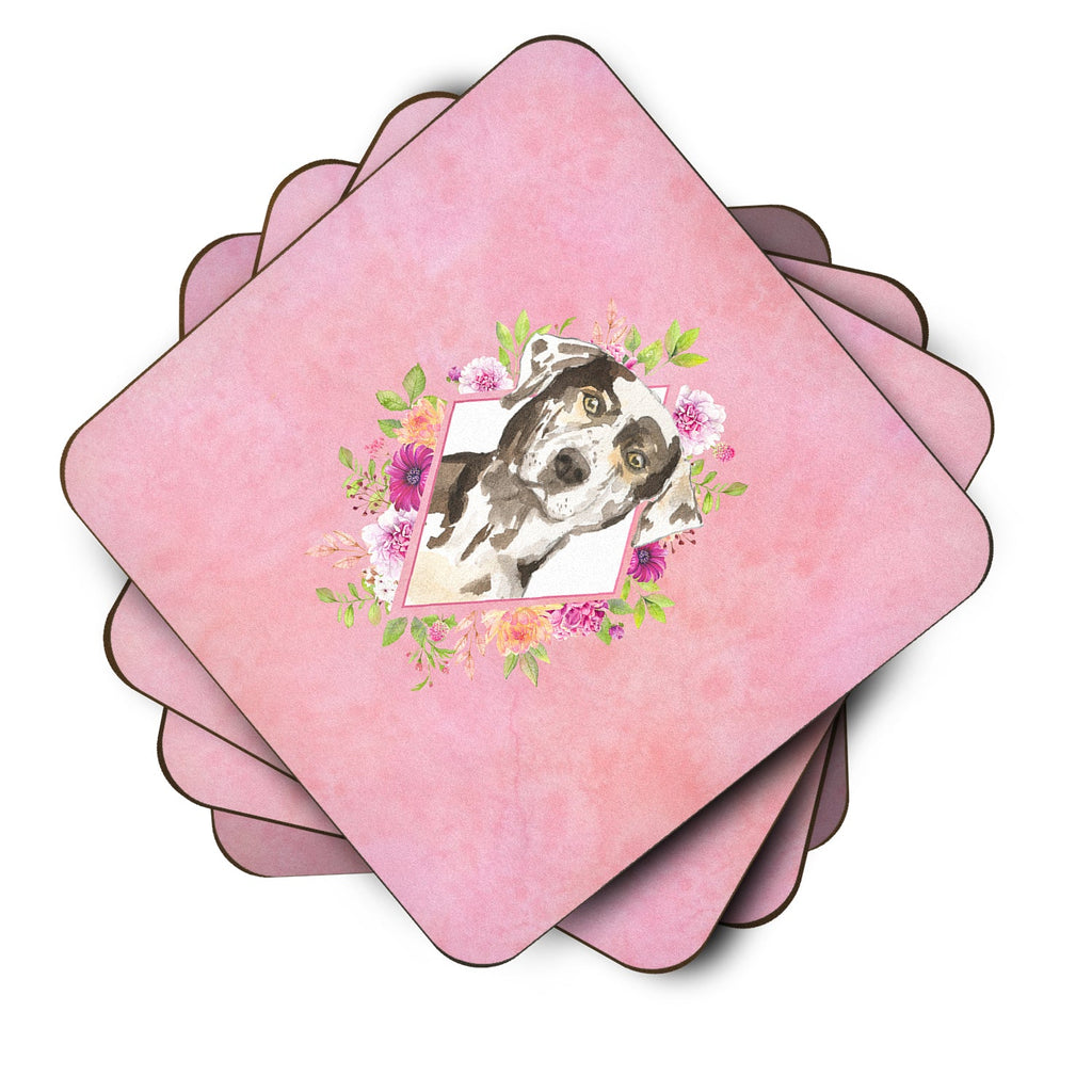 Catahoula Leopard Dog Pink Flowers Foam Coasters Set of 4 Cup Coasters for Indoor Outdoor, Tabletop Protection, Anti Slip, Mouse pad Material