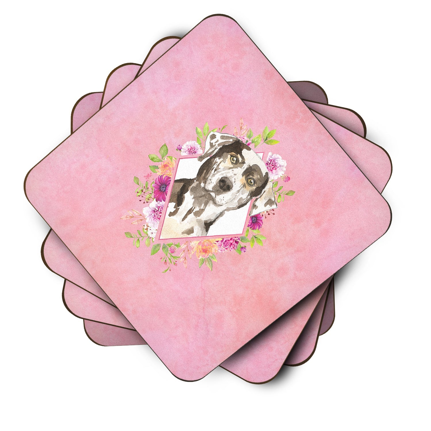Catahoula Leopard Dog Pink Flowers Foam Coasters Set of 4 Cup Coasters for Indoor Outdoor, Tabletop Protection, Anti Slip, Mouse pad Material