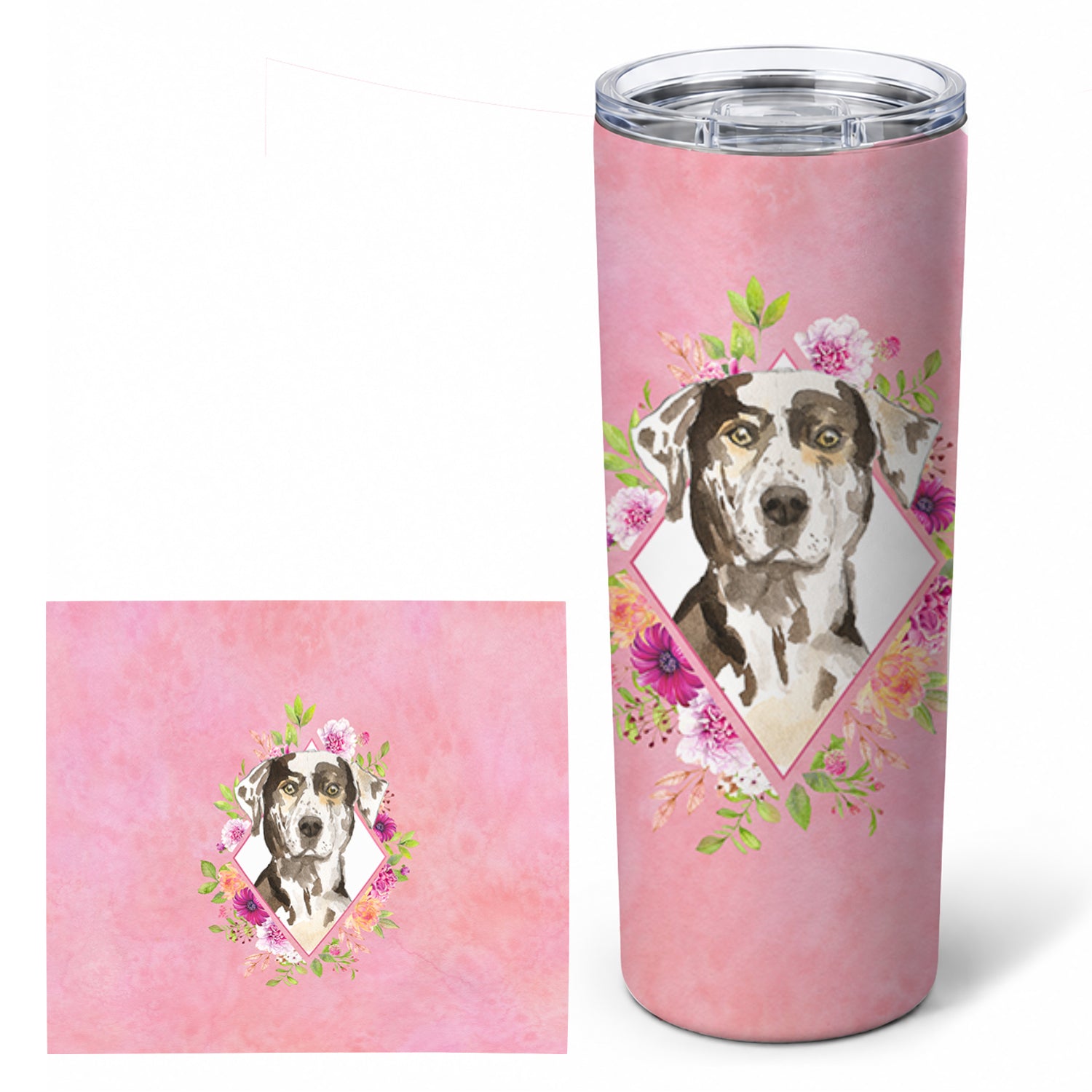 Catahoula Leopard Dog Pink Flowers Stainless Steel Skinny Tumbler 20 oz Vacuum Double Walled Reusable Insulated Travel Cup