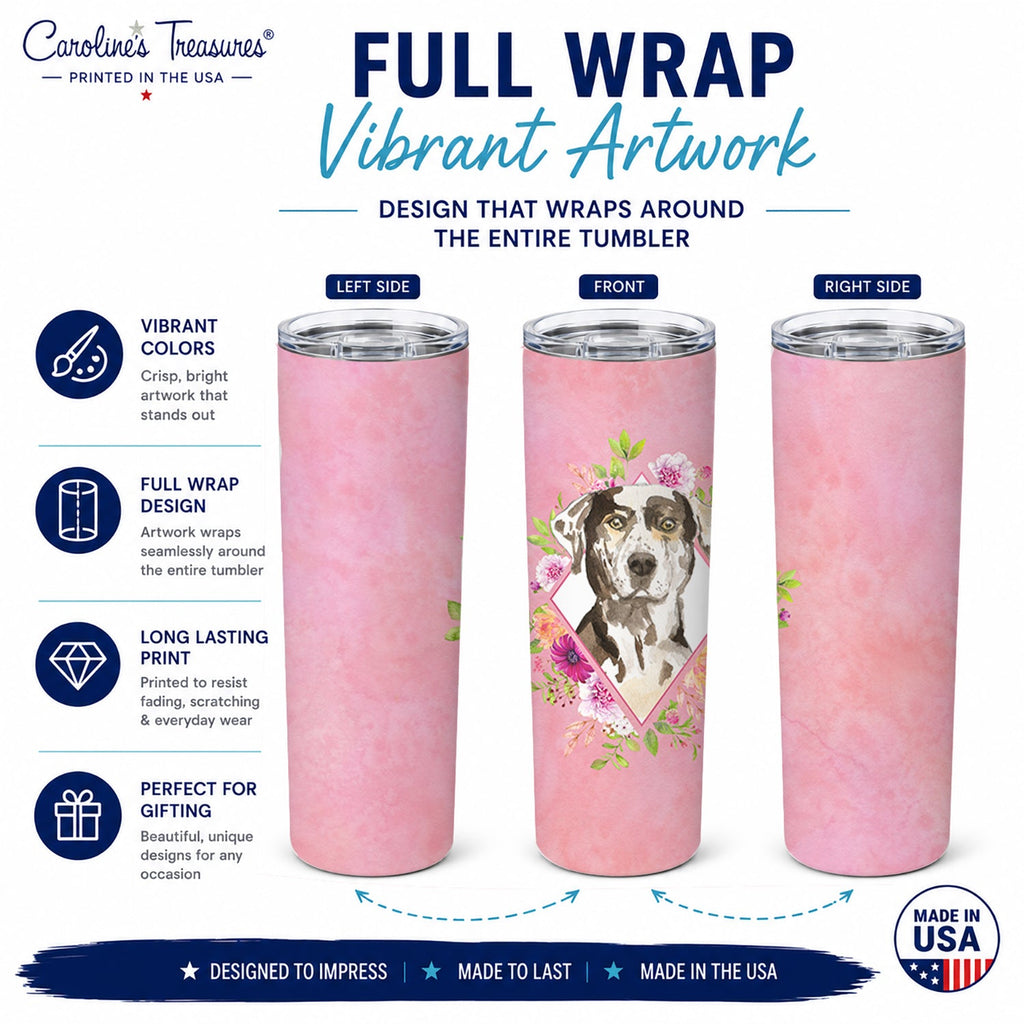 Catahoula Leopard Dog Pink Flowers Stainless Steel Skinny Tumbler 20 oz Vacuum Double Walled Reusable Insulated Travel Cup