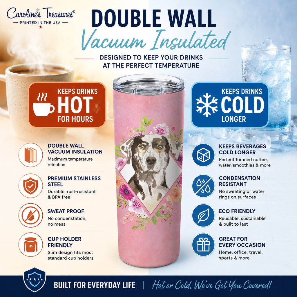 Catahoula Leopard Dog Pink Flowers Stainless Steel Skinny Tumbler 20 oz Vacuum Double Walled Reusable Insulated Travel Cup