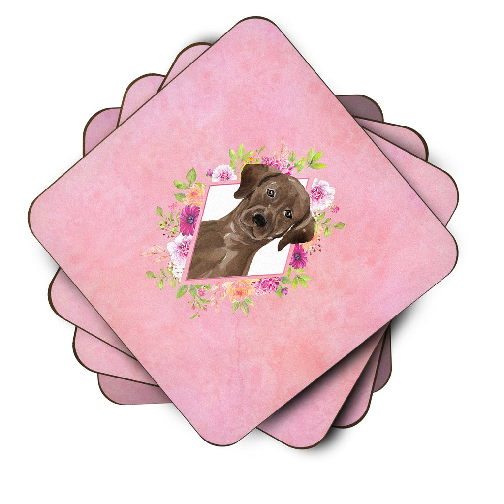 Chocolate Labrador Pink Flowers Foam Coasters Set of 4 Cup Coasters for Indoor Outdoor, Tabletop Protection, Anti Slip, Mouse pad Material