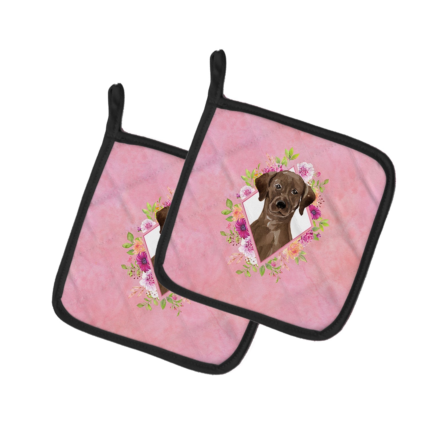 Chocolate Labrador Pink Flowers Pot Holder Set of 2 Heat Resistant Quilted Hot Pads 7.5 x 7.5 Inch, Insulated Kitchen Trivets for Cooking & Baking
