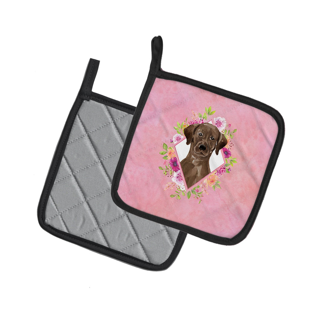 Chocolate Labrador Pink Flowers Pot Holder Set of 2 Heat Resistant Quilted Hot Pads 7.5 x 7.5 Inch, Insulated Kitchen Trivets for Cooking & Baking