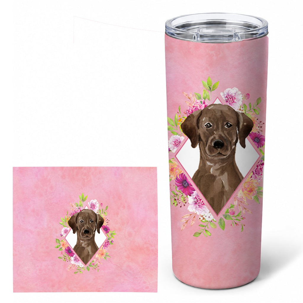 Chocolate Labrador Pink Flowers Stainless Steel Skinny Tumbler 20 oz Vacuum Double Walled Reusable Insulated Travel Cup