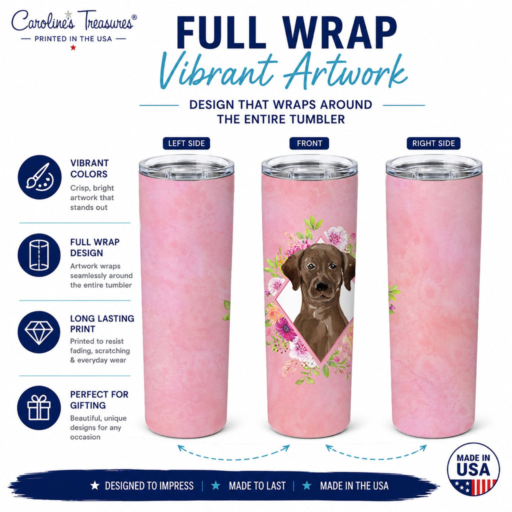 Chocolate Labrador Pink Flowers Stainless Steel Skinny Tumbler 20 oz Vacuum Double Walled Reusable Insulated Travel Cup