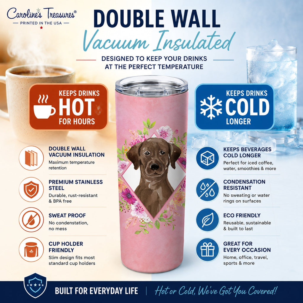 Chocolate Labrador Pink Flowers Stainless Steel Skinny Tumbler 20 oz Vacuum Double Walled Reusable Insulated Travel Cup