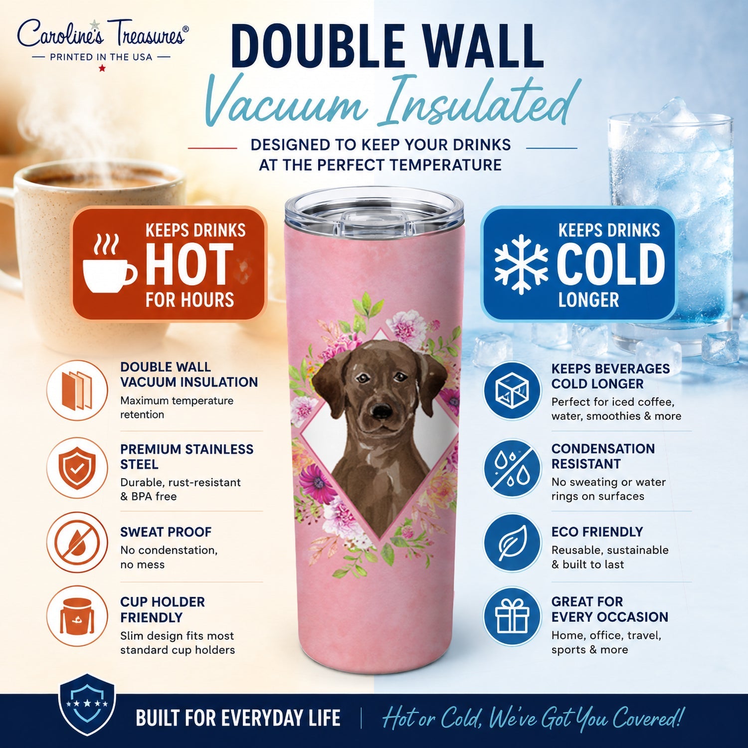 Chocolate Labrador Pink Flowers Stainless Steel Skinny Tumbler 20 oz Vacuum Double Walled Reusable Insulated Travel Cup