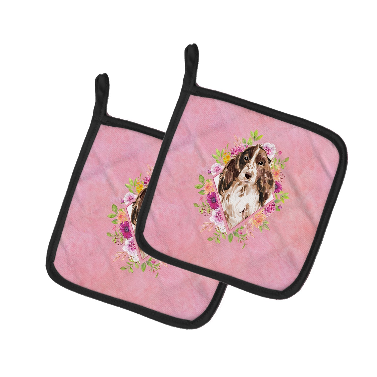 Brown Parti Cocker Spaniel Pink Flowers Pot Holder Set of 2 Heat Resistant Quilted Hot Pads 7.5 x 7.5 Inch, Insulated Kitchen Trivets for Cooking & Baking