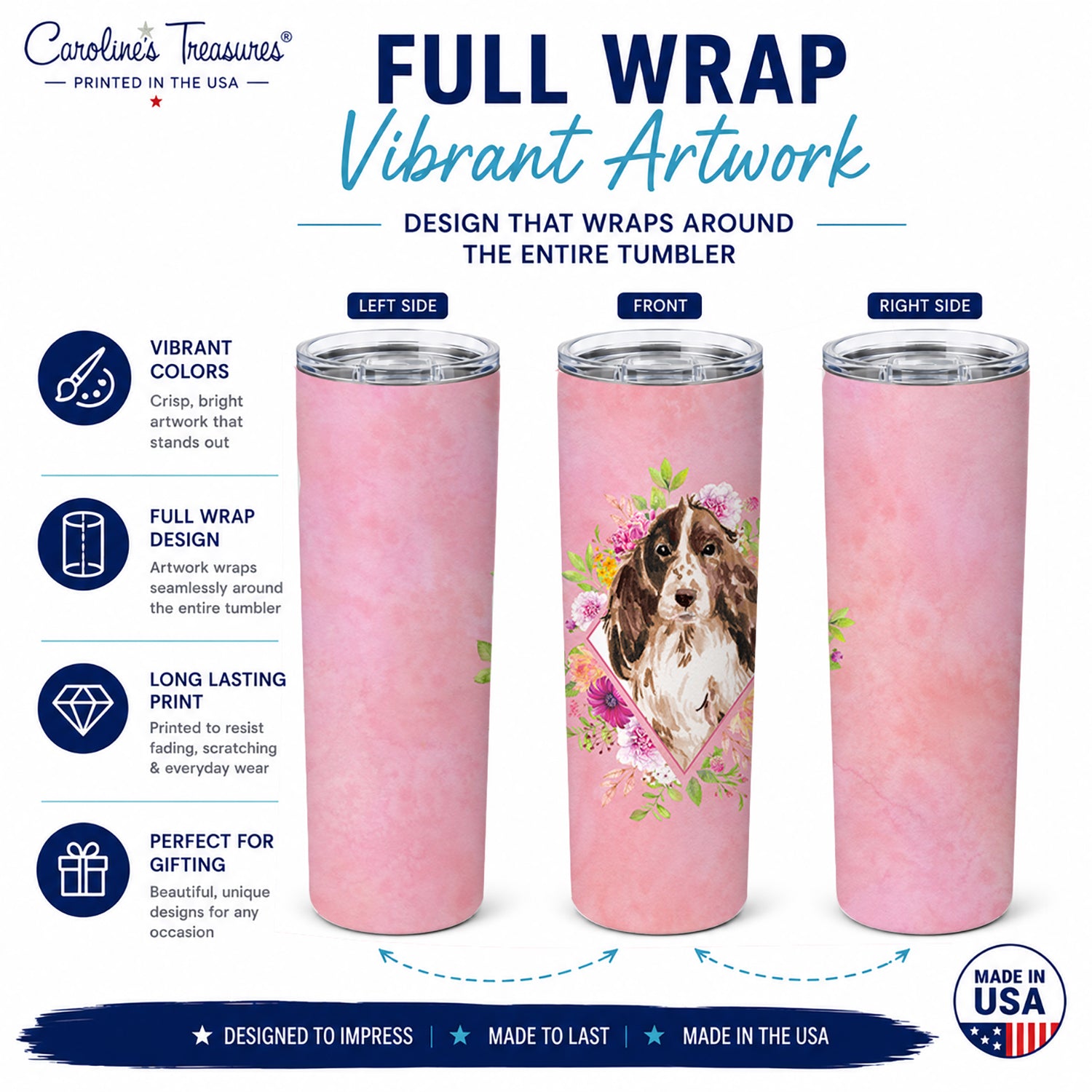 Brown Parti Cocker Spaniel Pink Flowers Stainless Steel Skinny Tumbler 20 oz Vacuum Double Walled Reusable Insulated Travel Cup