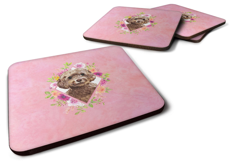 Chocolate Cockapoo Pink Flowers Foam Coasters Set of 4 Cup Coasters for Indoor Outdoor, Tabletop Protection, Anti Slip, Mouse pad Material