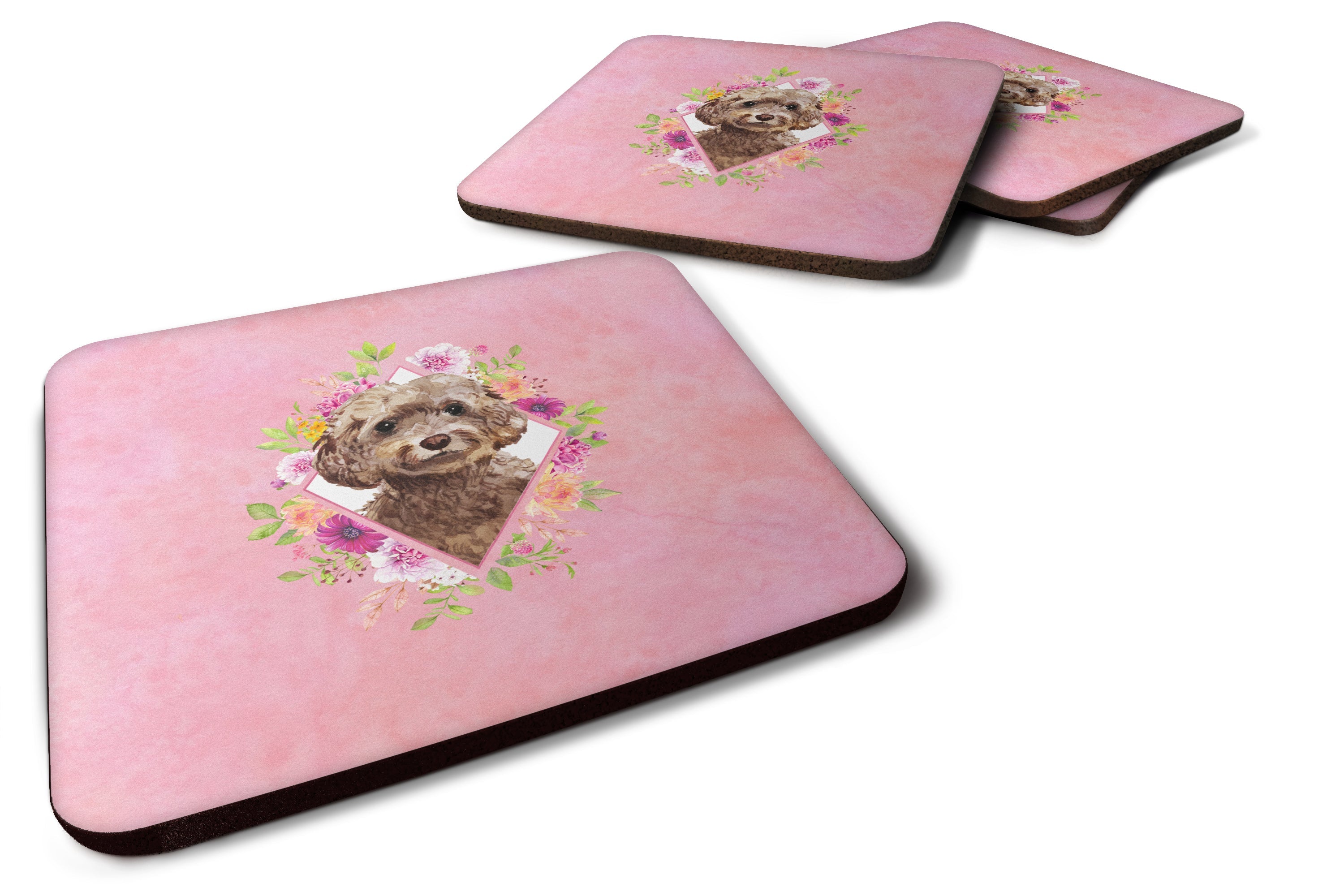 Chocolate Cockapoo Pink Flowers Foam Coasters Set of 4 Cup Coasters for Indoor Outdoor, Tabletop Protection, Anti Slip, Mouse pad Material