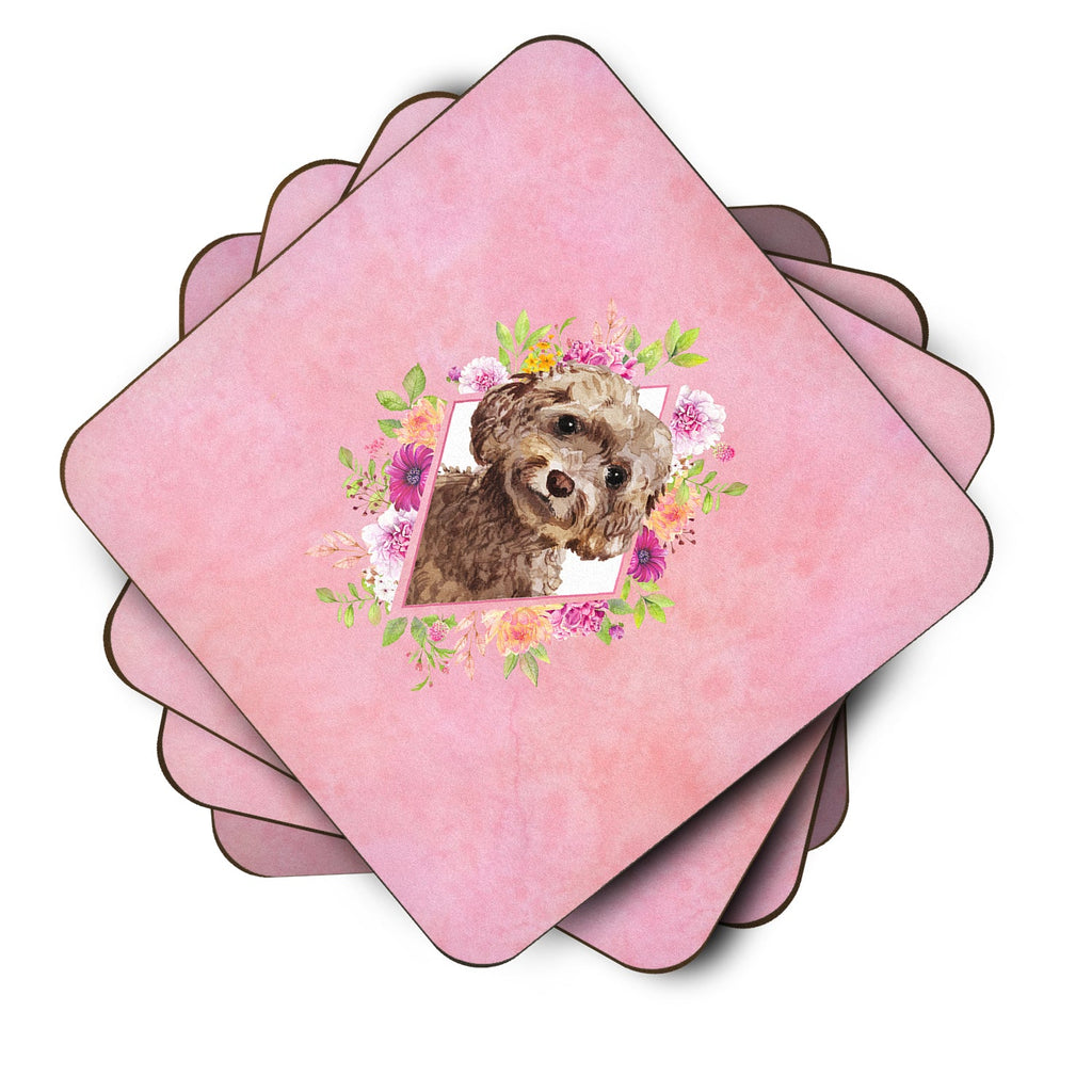 Chocolate Cockapoo Pink Flowers Foam Coasters Set of 4 Cup Coasters for Indoor Outdoor, Tabletop Protection, Anti Slip, Mouse pad Material