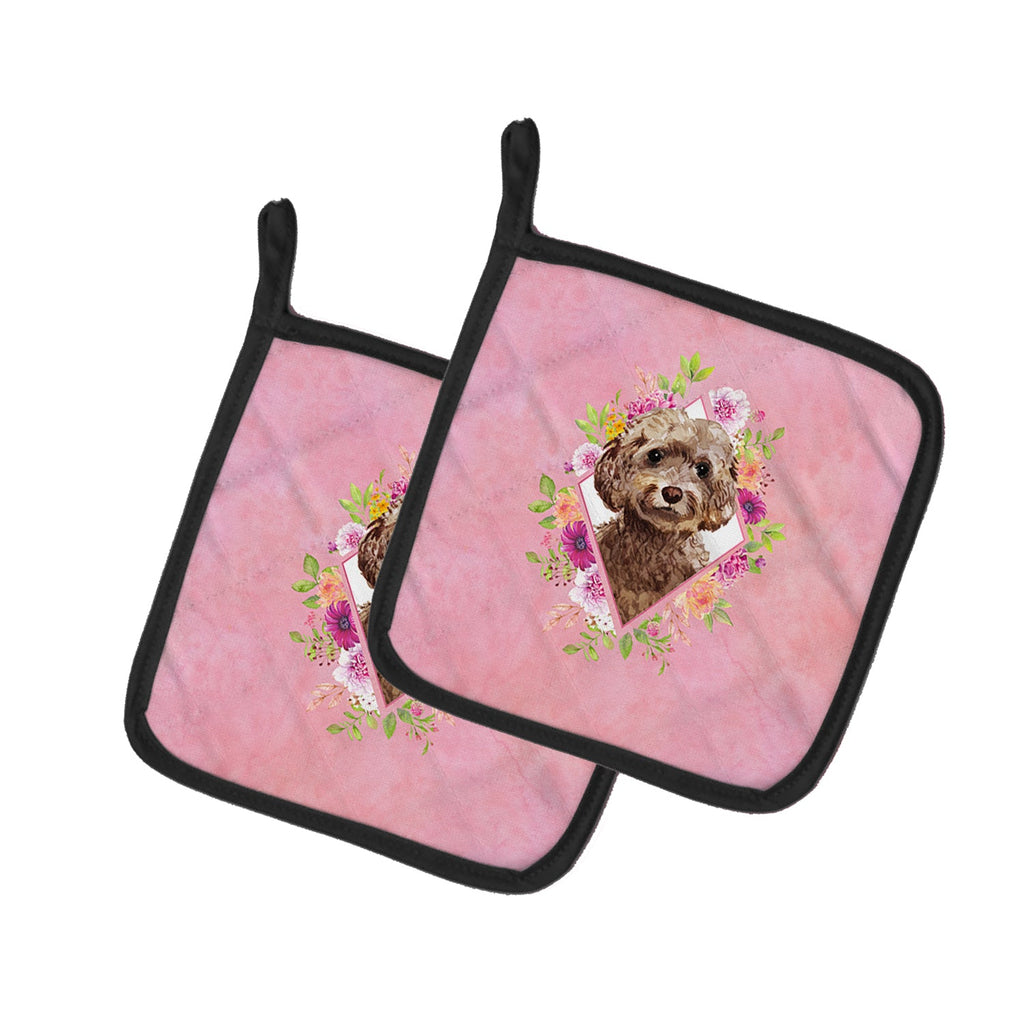 Chocolate Cockapoo Pink Flowers Pot Holder Set of 2 Heat Resistant Quilted Hot Pads 7.5 x 7.5 Inch, Insulated Kitchen Trivets for Cooking & Baking