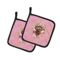 Chocolate Cockapoo Pink Flowers Pot Holder Set of 2 Heat Resistant Quilted Hot Pads 7.5 x 7.5 Inch, Insulated Kitchen Trivets for Cooking & Baking