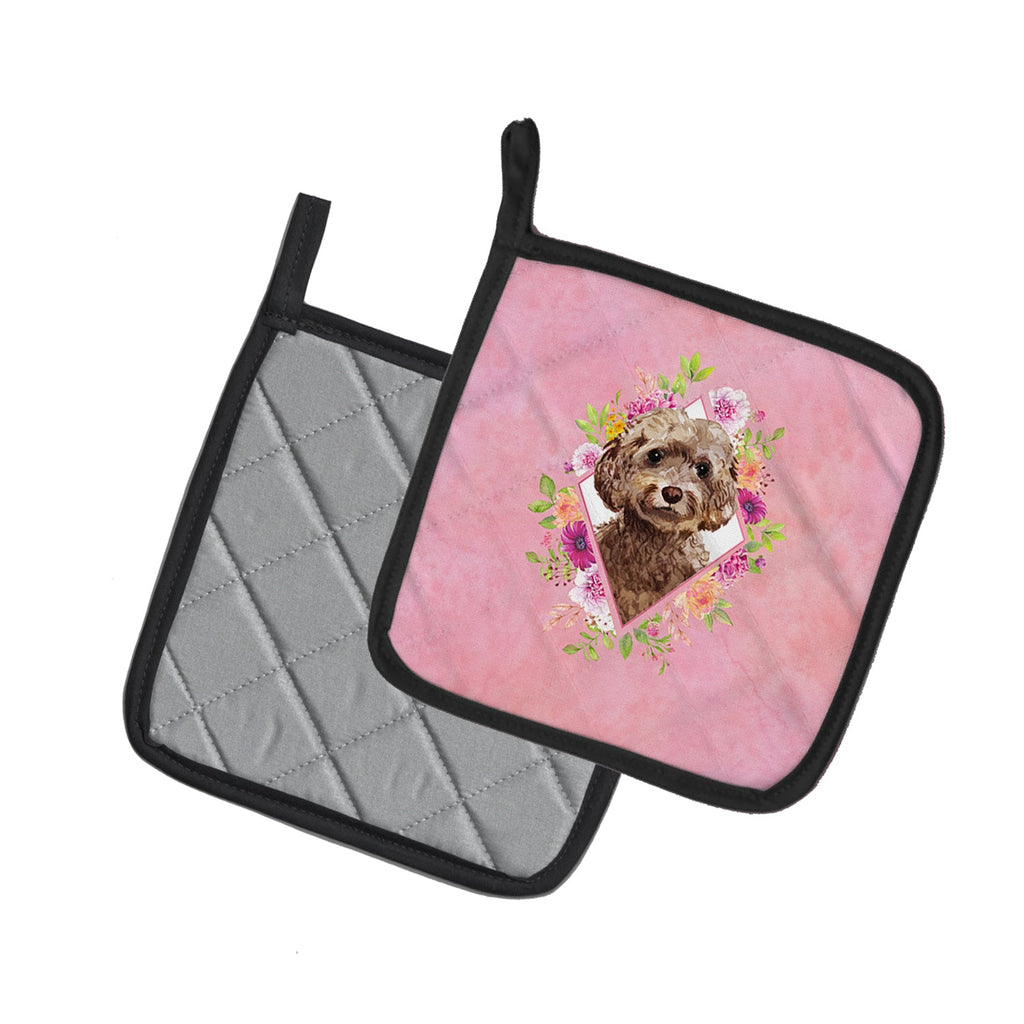 Chocolate Cockapoo Pink Flowers Pot Holder Set of 2 Heat Resistant Quilted Hot Pads 7.5 x 7.5 Inch, Insulated Kitchen Trivets for Cooking & Baking