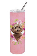 Chocolate Cockapoo Pink Flowers Stainless Steel Skinny Tumbler 20 oz Vacuum Double Walled Reusable Insulated Travel Cup