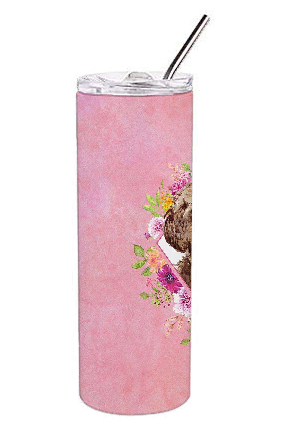 Chocolate Cockapoo Pink Flowers Stainless Steel Skinny Tumbler 20 oz Vacuum Double Walled Reusable Insulated Travel Cup