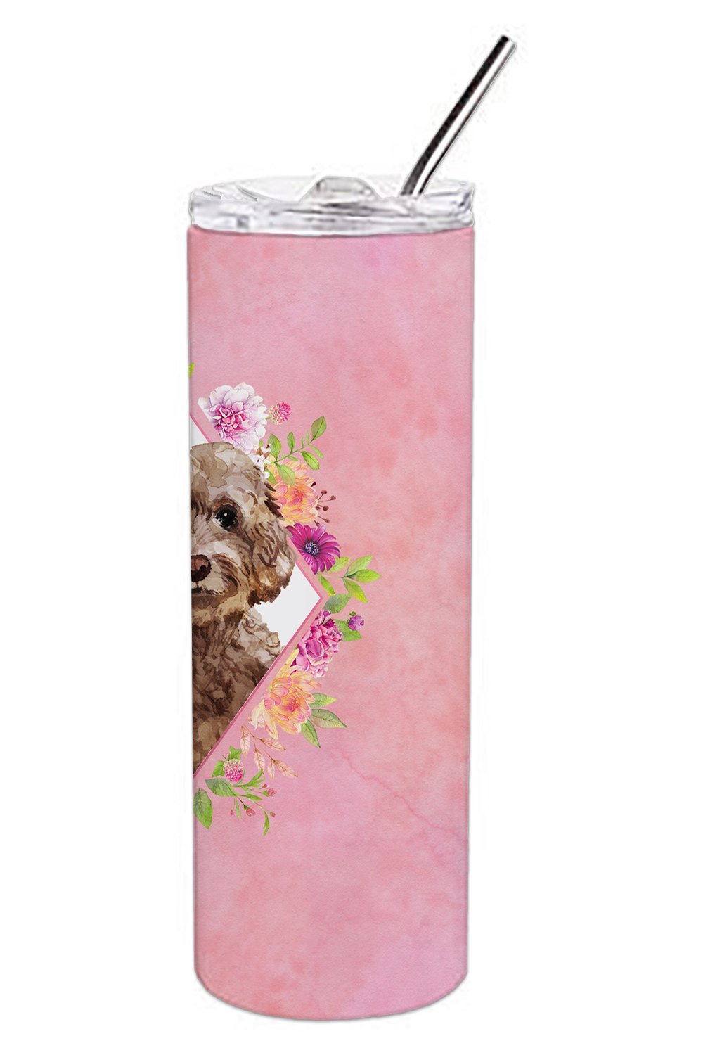 Chocolate Cockapoo Pink Flowers Stainless Steel Skinny Tumbler 20 oz Vacuum Double Walled Reusable Insulated Travel Cup