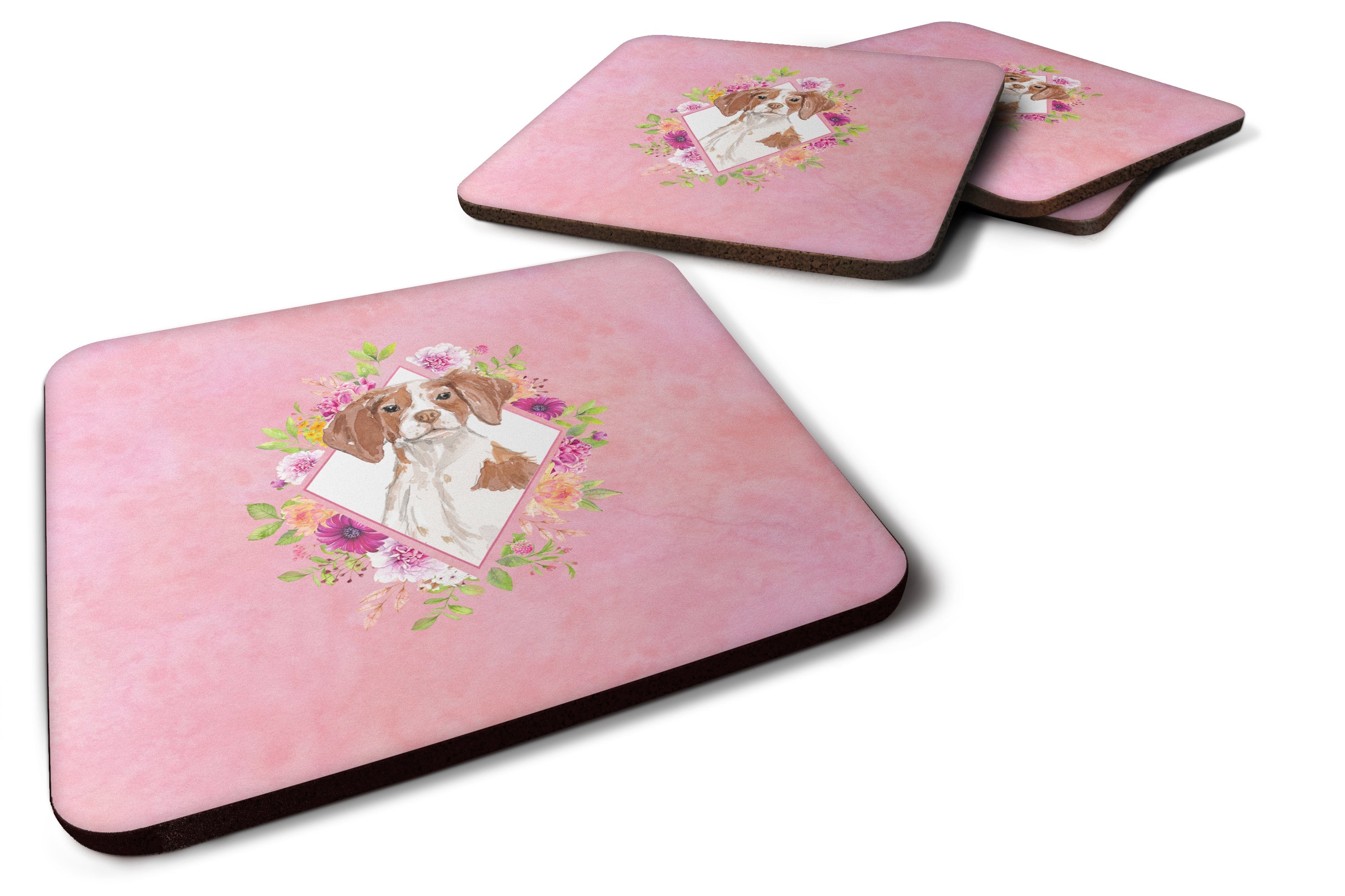 Brittany Spaniel Pink Flowers Foam Coasters Set of 4 Cup Coasters for Indoor Outdoor, Tabletop Protection, Anti Slip, Mouse pad Material