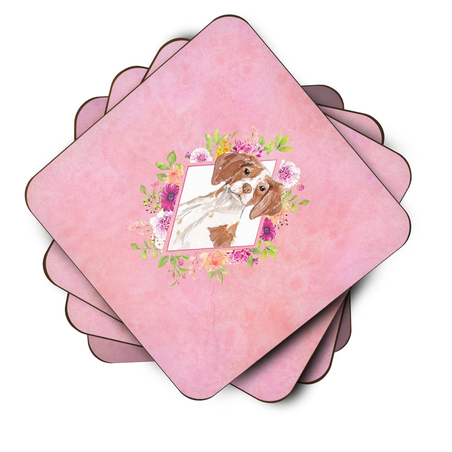 Brittany Spaniel Pink Flowers Foam Coasters Set of 4 Cup Coasters for Indoor Outdoor, Tabletop Protection, Anti Slip, Mouse pad Material