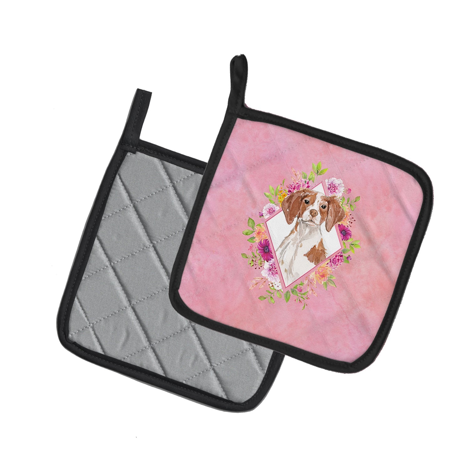 Brittany Spaniel Pink Flowers Pot Holder Set of 2 Heat Resistant Quilted Hot Pads 7.5 x 7.5 Inch, Insulated Kitchen Trivets for Cooking & Baking