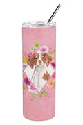 Brittany Spaniel Pink Flowers Stainless Steel Skinny Tumbler 20 oz Vacuum Double Walled Reusable Insulated Travel Cup