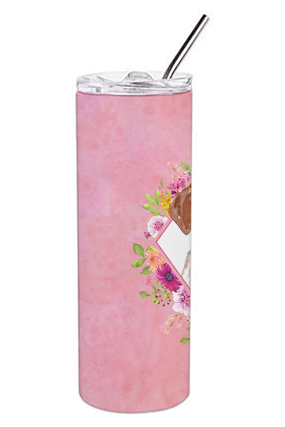 Brittany Spaniel Pink Flowers Stainless Steel Skinny Tumbler 20 oz Vacuum Double Walled Reusable Insulated Travel Cup