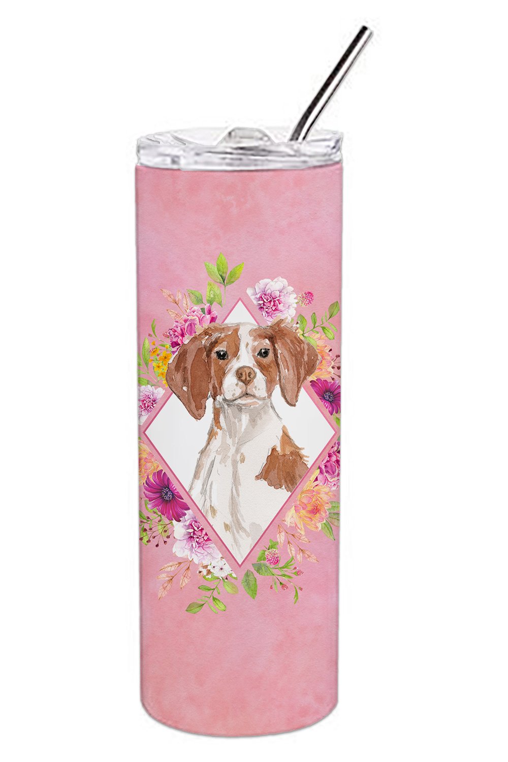 Brittany Spaniel Pink Flowers Stainless Steel Skinny Tumbler 20 oz Vacuum Double Walled Reusable Insulated Travel Cup