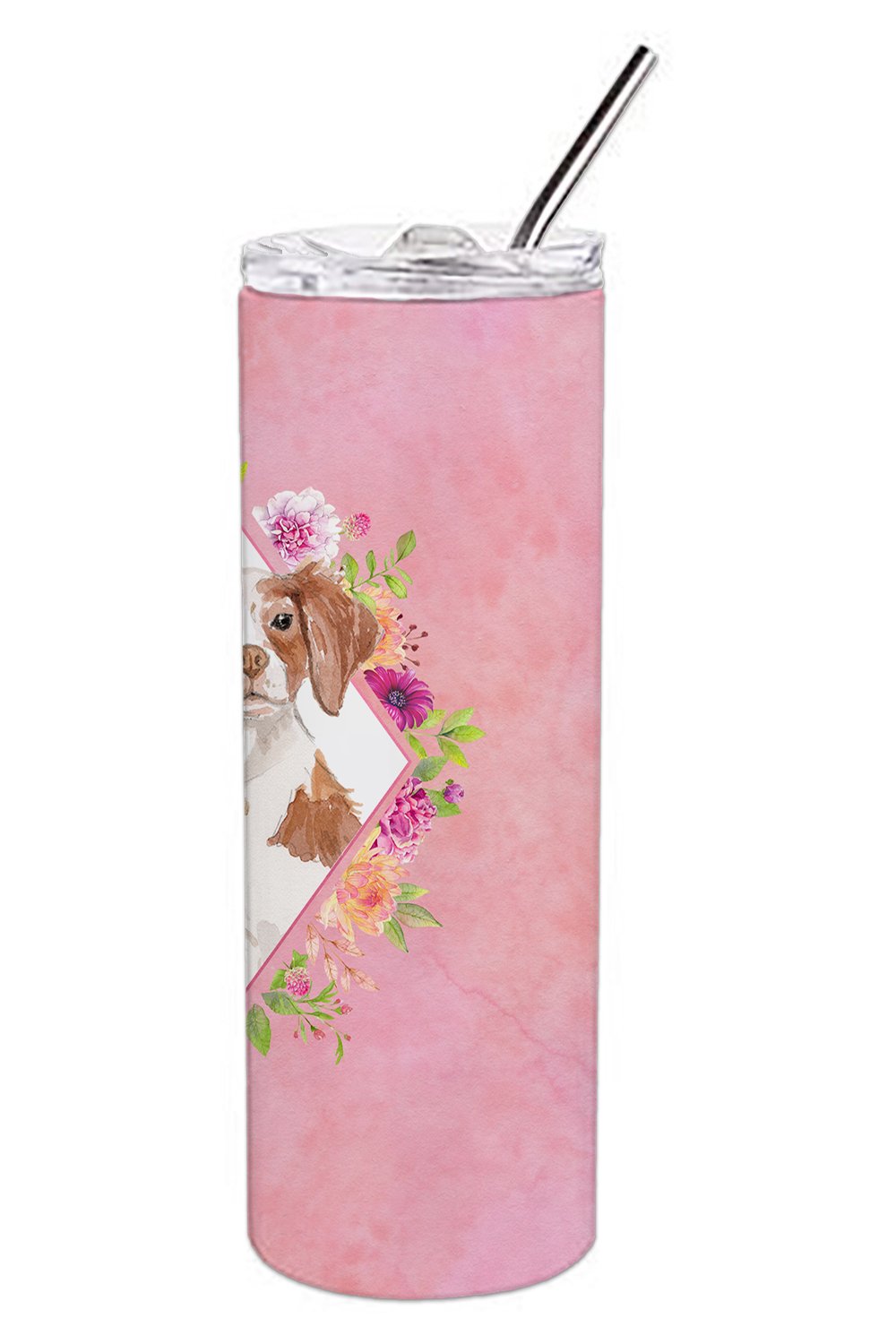 Brittany Spaniel Pink Flowers Stainless Steel Skinny Tumbler 20 oz Vacuum Double Walled Reusable Insulated Travel Cup