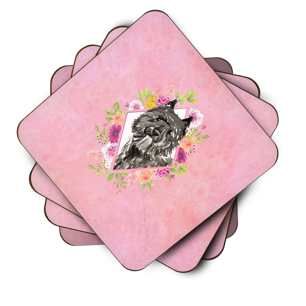 Bouvier des Flandres Pink Flowers Foam Coasters Set of 4 Cup Coasters for Indoor Outdoor, Tabletop Protection, Anti Slip, Mouse pad Material