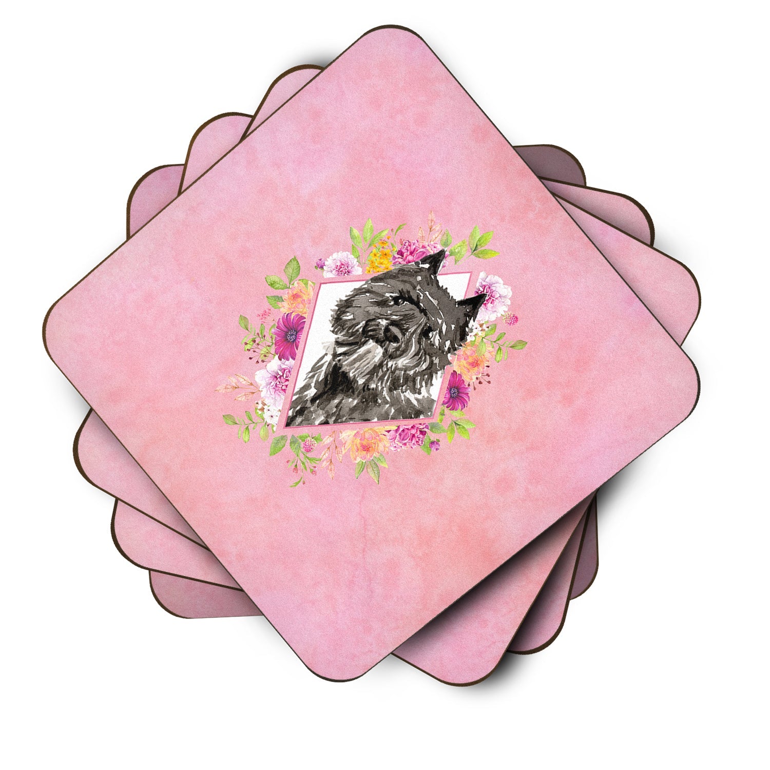 Bouvier des Flandres Pink Flowers Foam Coasters Set of 4 Cup Coasters for Indoor Outdoor, Tabletop Protection, Anti Slip, Mouse pad Material