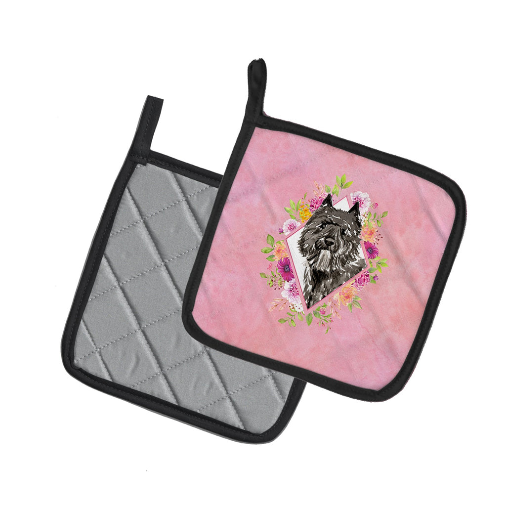 Bouvier des Flandres Pink Flowers Pot Holder Set of 2 Heat Resistant Quilted Hot Pads 7.5 x 7.5 Inch, Insulated Kitchen Trivets for Cooking & Baking