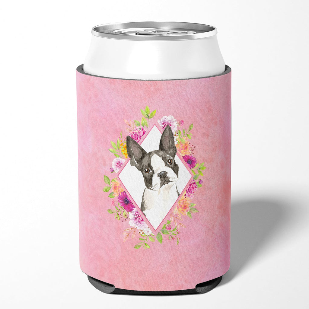 Boston Terrier Pink Flowers Can or Bottle Hugger Cooler Sleeve for Standard 12 oz Cans, Insulated Foam Beer & Soda Can Hugger Reusable